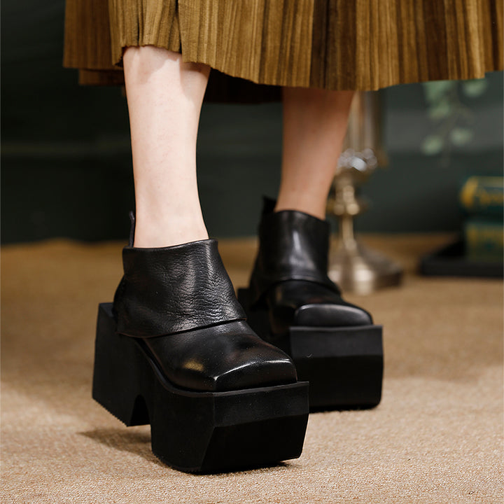 Bottes en cuir à plateforme de 80 mm faites à la main pour femmes, pliées en noir/marron
