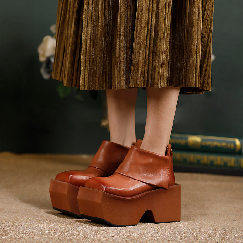 Bottes en cuir à plateforme de 80 mm faites à la main pour femmes, pliées en noir/marron