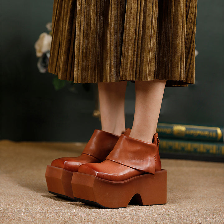 Bottes en cuir à plateforme de 80 mm faites à la main pour femmes, pliées en noir/marron