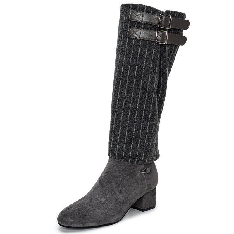 Detachable Striped Spat Convertible Boots Handmade Vintage Two-Way Ankle &amp; Knee-High Boots in Gray