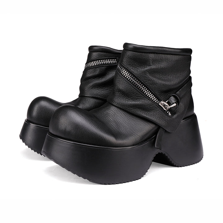 Retro Punk Slouchy Platform Ankle Boots Big Toe Wide Fit Cowhide Booties in Black/Brown