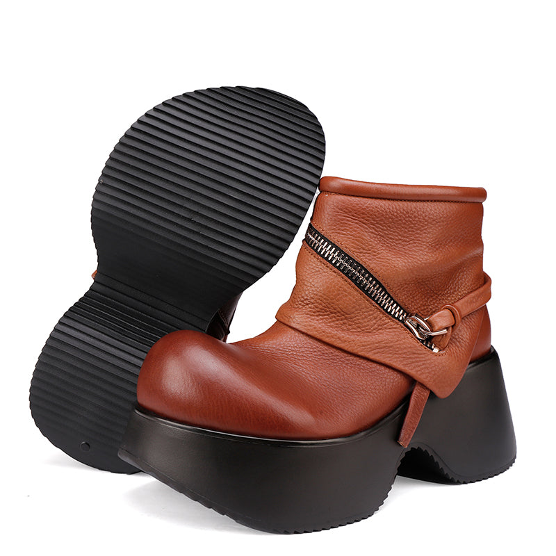 Retro Punk Slouchy Platform Ankle Boots Big Toe Wide Fit Cowhide Booties in Black/Brown