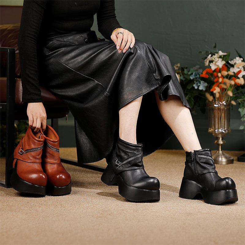 Retro Punk Slouchy Platform Ankle Boots Big Toe Wide Fit Cowhide Booties in Black/Brown