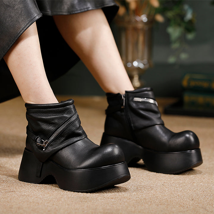 Retro Punk Slouchy Platform Ankle Boots Big Toe Wide Fit Cowhide Booties in Black/Brown