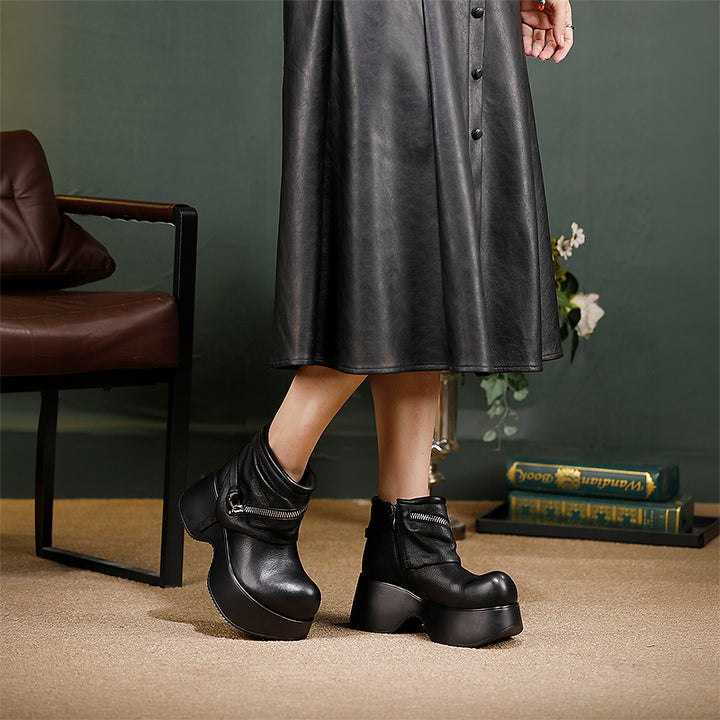 Retro Punk Slouchy Platform Ankle Boots Big Toe Wide Fit Cowhide Booties in Black/Brown