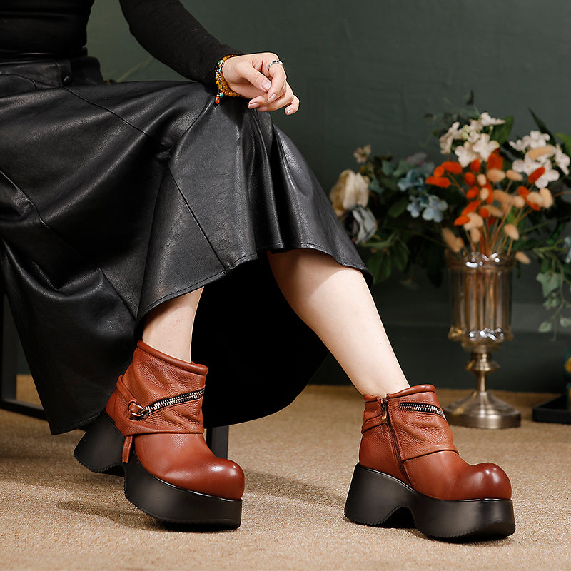 Retro Punk Slouchy Platform Ankle Boots Big Toe Wide Fit Cowhide Booties in Black/Brown