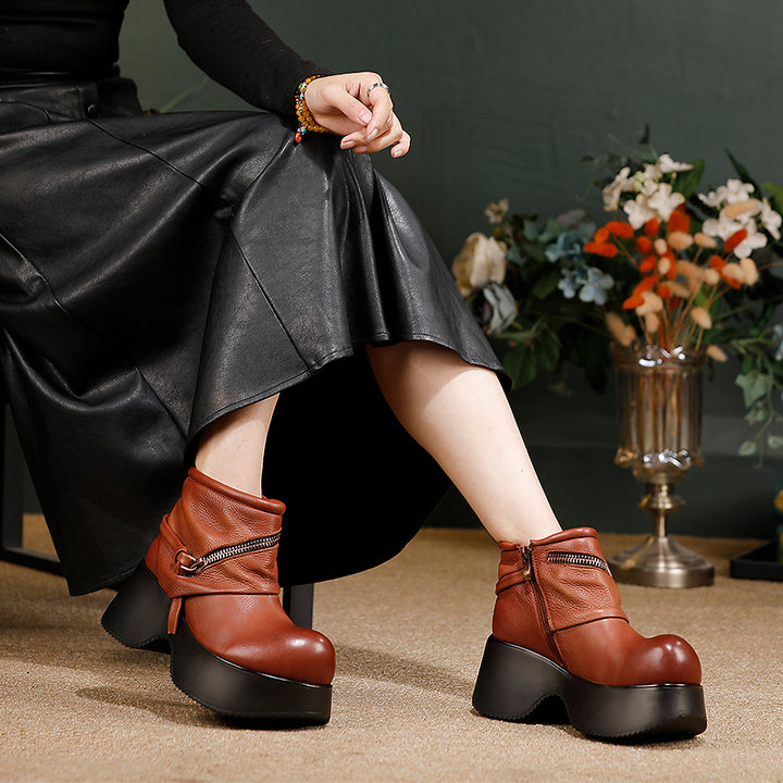 Retro Punk Slouchy Platform Ankle Boots Big Toe Wide Fit Cowhide Booties in Black/Brown