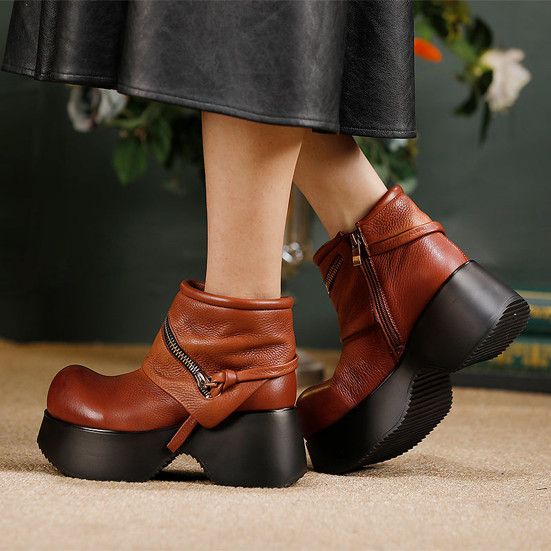 Retro Punk Slouchy Platform Ankle Boots Big Toe Wide Fit Cowhide Booties in Black/Brown