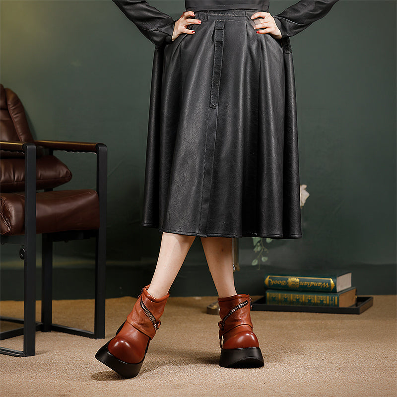 Retro Punk Slouchy Platform Ankle Boots Big Toe Wide Fit Cowhide Booties in Black/Brown