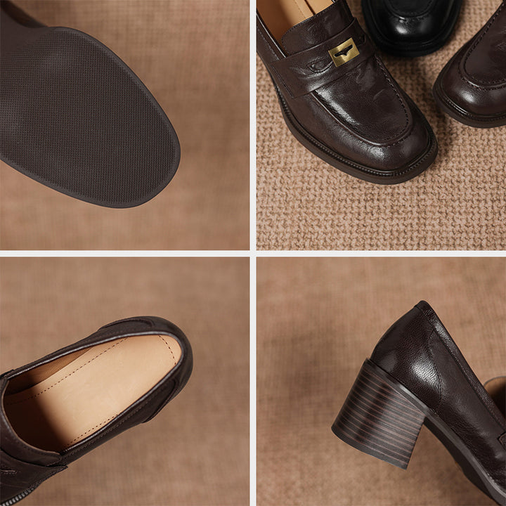 Mocassins en cuir de mouton à bout rond et talon bloc de 65 mm avec décoration en métal en marron/noir