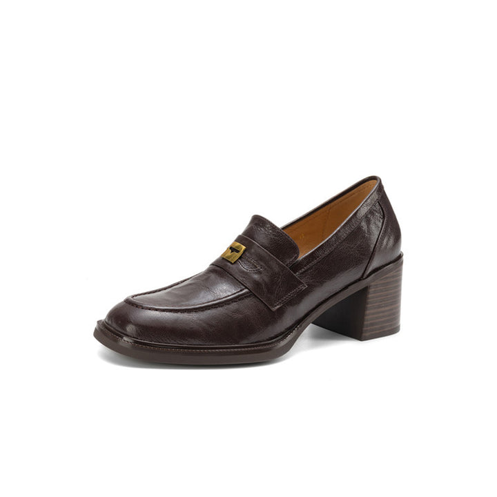 Mocassins en cuir de mouton à bout rond et talon bloc de 65 mm avec décoration en métal en marron/noir
