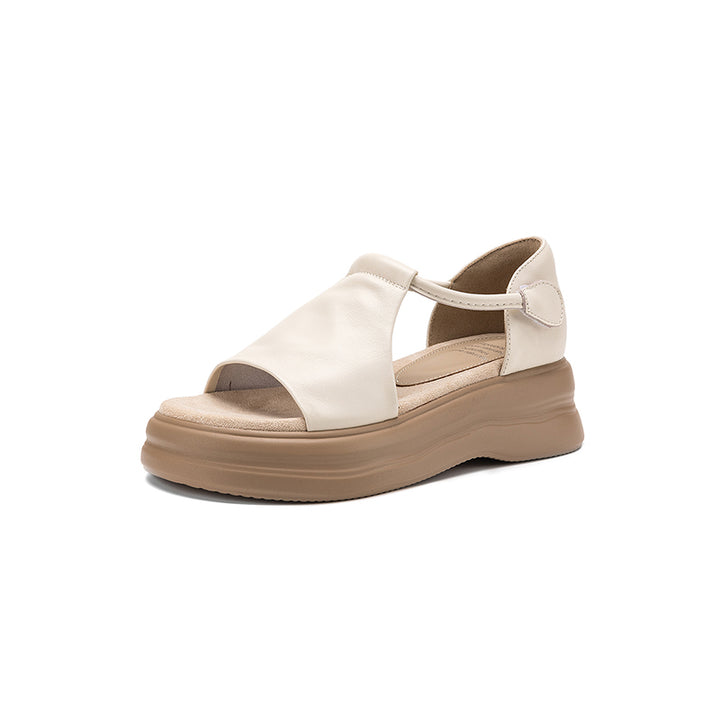 50mm Open Toe Leather T-Strap Platform Sandals with Velcro in Black/Brown/Beige/Apricot
