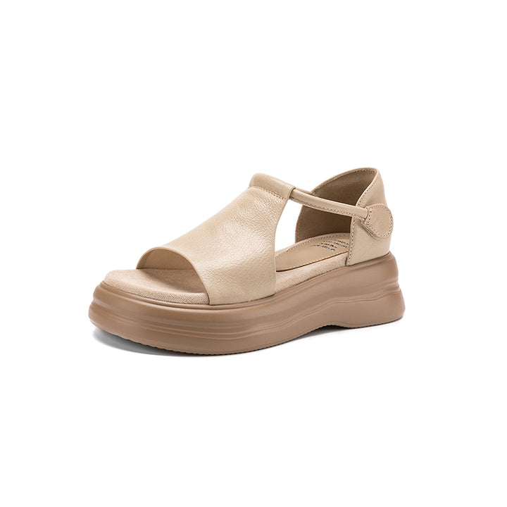50mm Open Toe Leather T-Strap Platform Sandals with Velcro in Black/Brown/Beige/Apricot