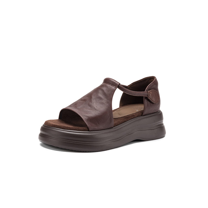 50mm Open Toe Leather T-Strap Platform Sandals with Velcro in Black/Brown/Beige/Apricot