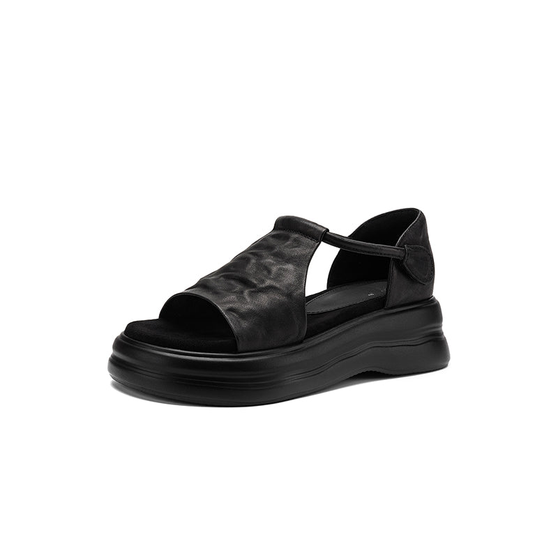 50mm Open Toe Leather T-Strap Platform Sandals with Velcro in Black/Brown/Beige/Apricot