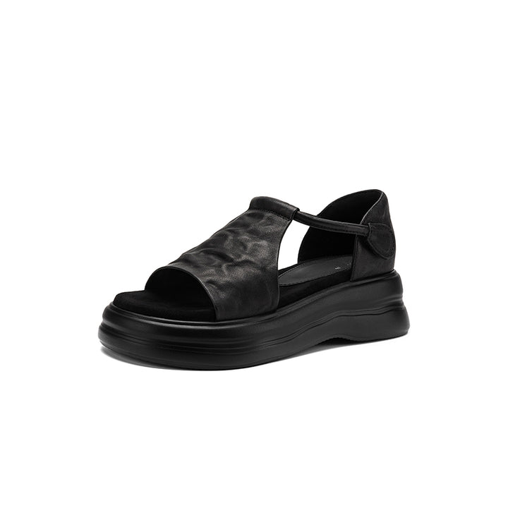 50mm Open Toe Leather T-Strap Platform Sandals with Velcro in Black/Brown/Beige/Apricot