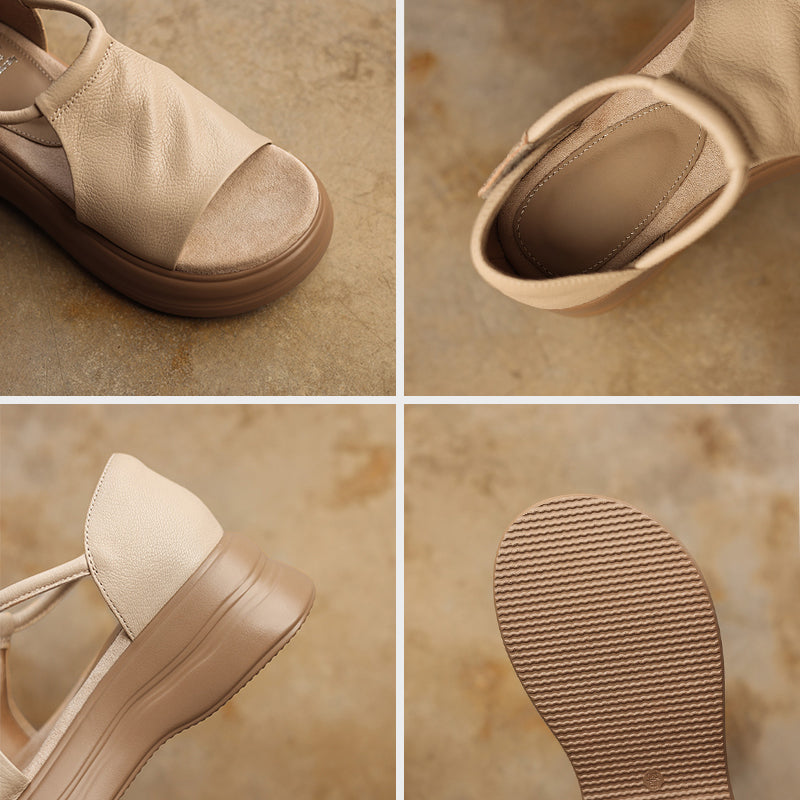50mm Open Toe Leather T-Strap Platform Sandals with Velcro in Black/Brown/Beige/Apricot