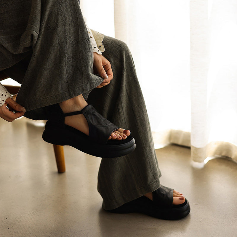 50mm Open Toe Leather T-Strap Platform Sandals with Velcro in Black/Brown/Beige/Apricot