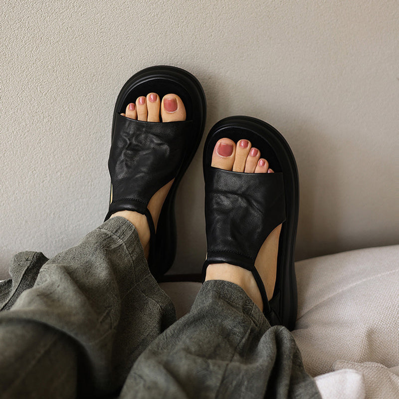 50mm Open Toe Leather T-Strap Platform Sandals with Velcro in Black/Brown/Beige/Apricot