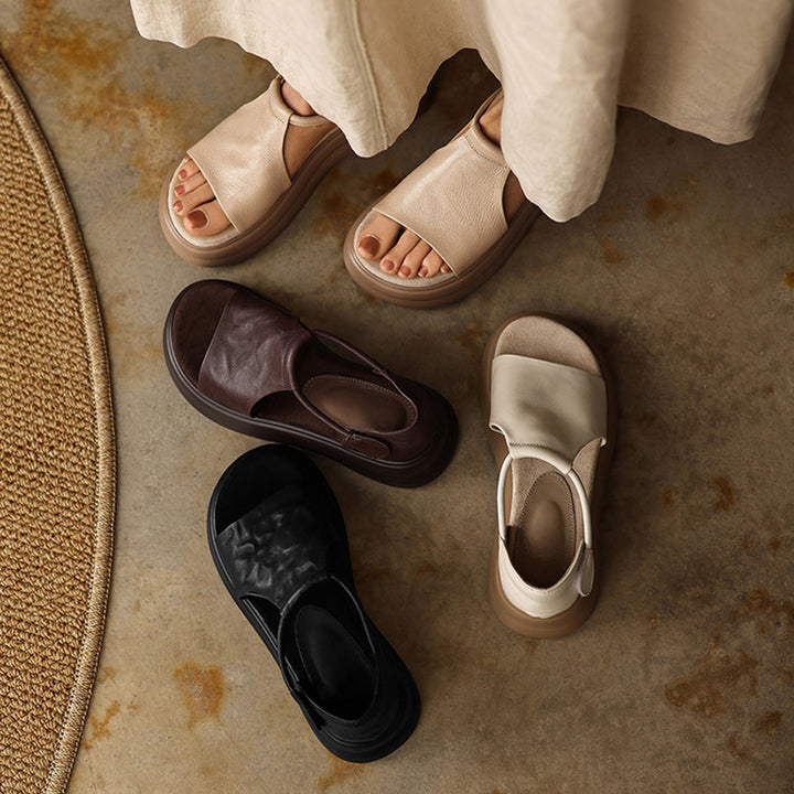 50mm Open Toe Leather T-Strap Platform Sandals with Velcro in Black/Brown/Beige/Apricot