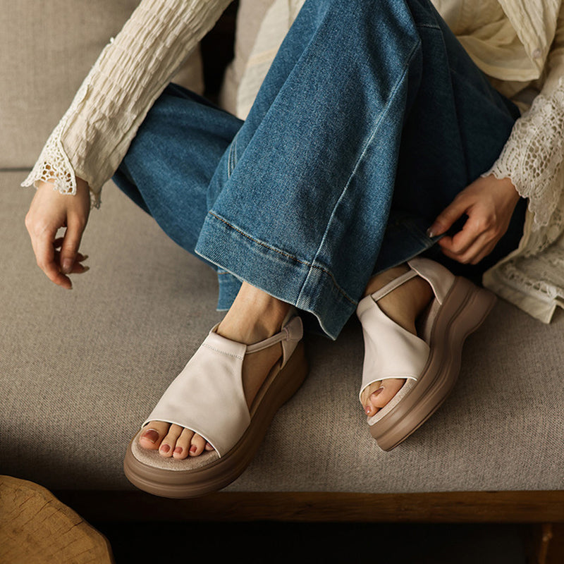 50mm Open Toe Leather T-Strap Platform Sandals with Velcro in Black/Brown/Beige/Apricot