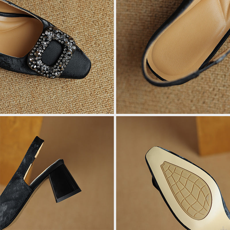 Chic Crystal Buckle Slingback Pumps Elegant Square Toe Dress Shoes in Green/Black/Champagne