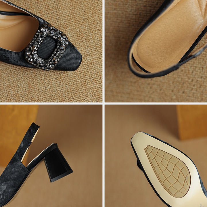 Chic Crystal Buckle Slingback Pumps Elegant Square Toe Dress Shoes in Green/Black/Champagne