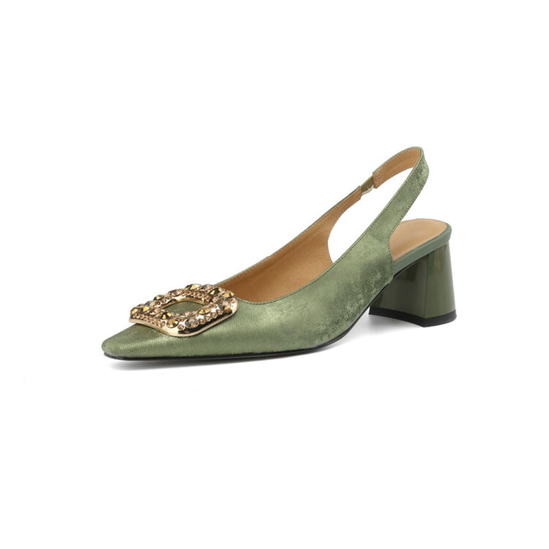 Chic Crystal Buckle Slingback Pumps Elegant Square Toe Dress Shoes in Green/Black/Champagne