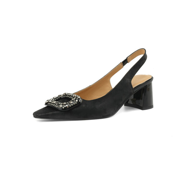 Chic Crystal Buckle Slingback Pumps Elegant Square Toe Dress Shoes in Green/Black/Champagne