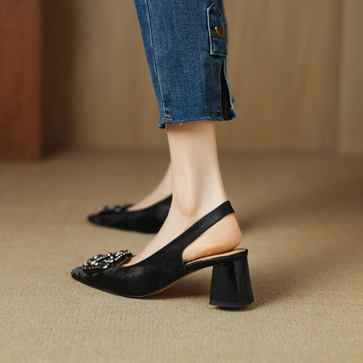 Chic Crystal Buckle Slingback Pumps Elegant Square Toe Dress Shoes in Green/Black/Champagne