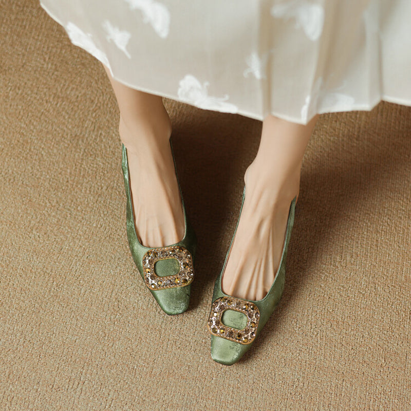 Chic Crystal Buckle Slingback Pumps Elegant Square Toe Dress Shoes in Green/Black/Champagne