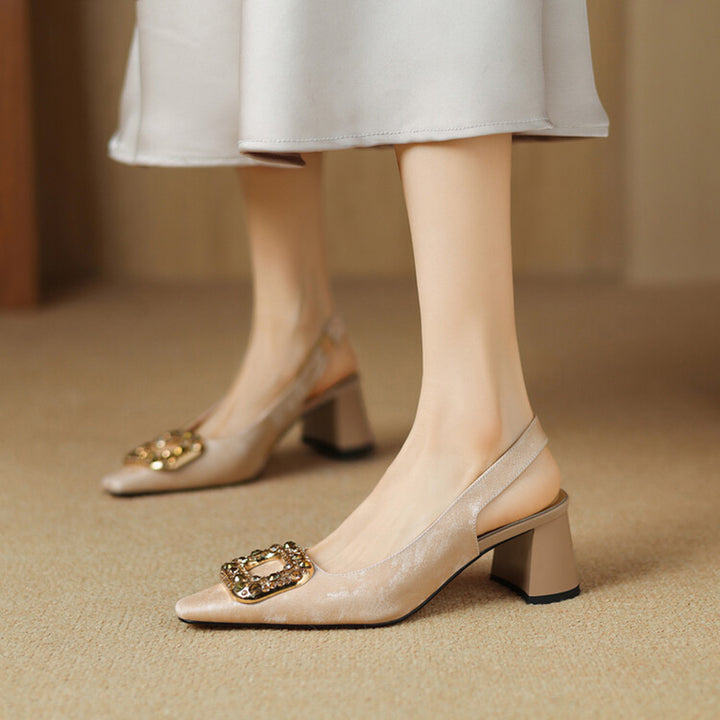 Chic Crystal Buckle Slingback Pumps Elegant Square Toe Dress Shoes in Green/Black/Champagne