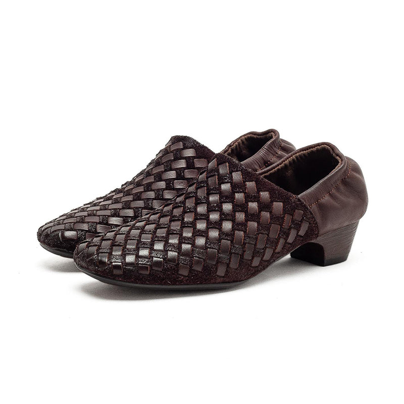 Mocassins Tressés En Cuir De Cheval Fait Main Pour Femmes À Bout Carré Plates En Noir