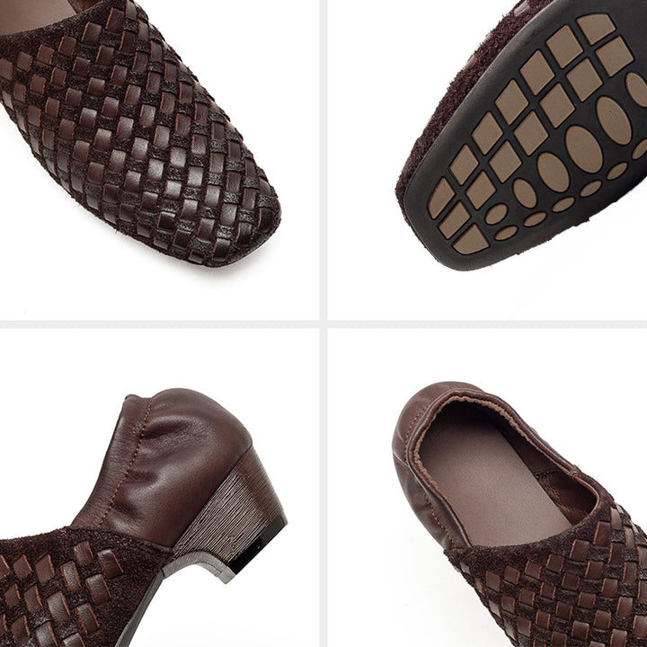 Mocassins Tressés En Cuir De Cheval Fait Main Pour Femmes À Bout Carré Plates En Noir