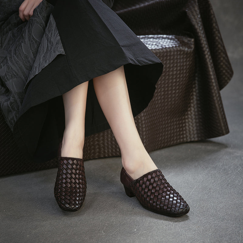 Mocassins Tressés En Cuir De Cheval Fait Main Pour Femmes À Bout Carré Plates En Noir