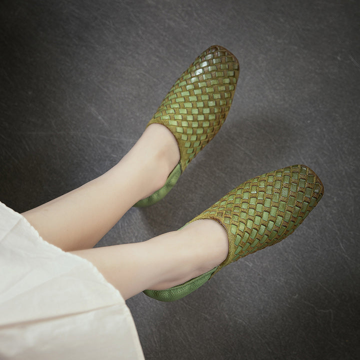 Mocassins Tressés En Cuir De Cheval Fait Main Pour Femmes À Bout Carré Plates En Noir