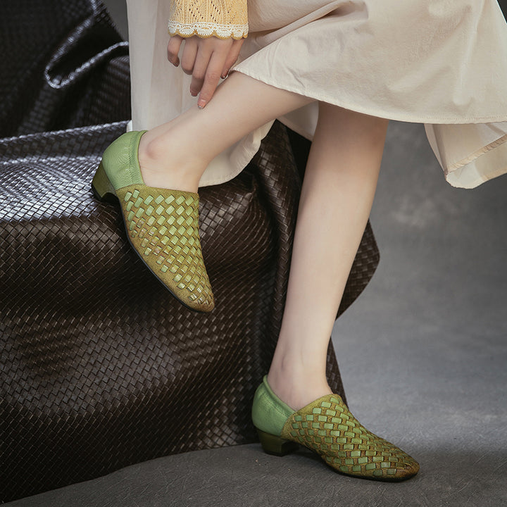 Mocassins Tressés En Cuir De Cheval Fait Main Pour Femmes À Bout Carré Plates En Noir