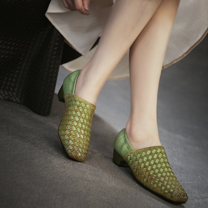 Mocassins Tressés En Cuir De Cheval Fait Main Pour Femmes À Bout Carré Plates En Noir