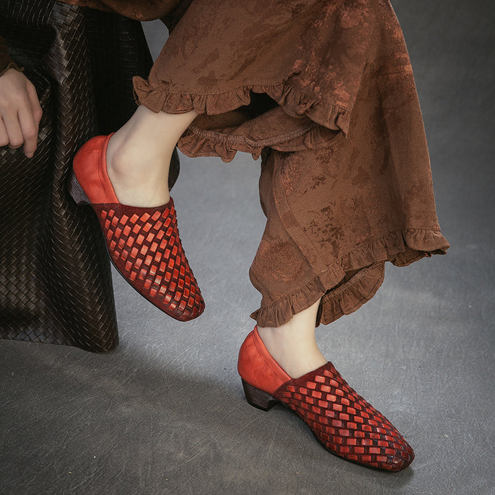 Mocassins Tressés En Cuir De Cheval Fait Main Pour Femmes À Bout Carré Plates En Noir
