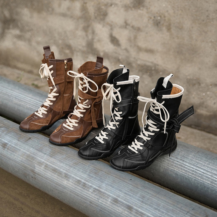 Retro Wrap Strap Combat Ankle Boots Lace Up Short Military Boots with Side Zip in Black/Brown