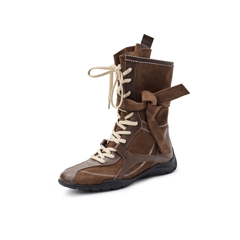 Retro Wrap Strap Combat Ankle Boots Lace Up Short Military Boots with Side Zip in Black/Brown