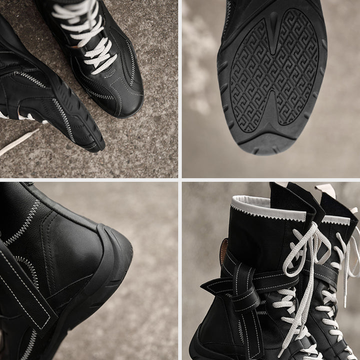 Retro Wrap Strap Combat Ankle Boots Lace Up Short Military Boots with Side Zip in Black/Brown