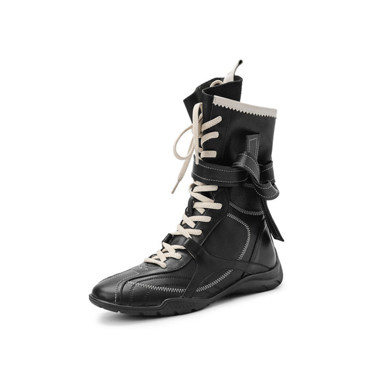 Retro Wrap Strap Combat Ankle Boots Lace Up Short Military Boots with Side Zip in Black/Brown