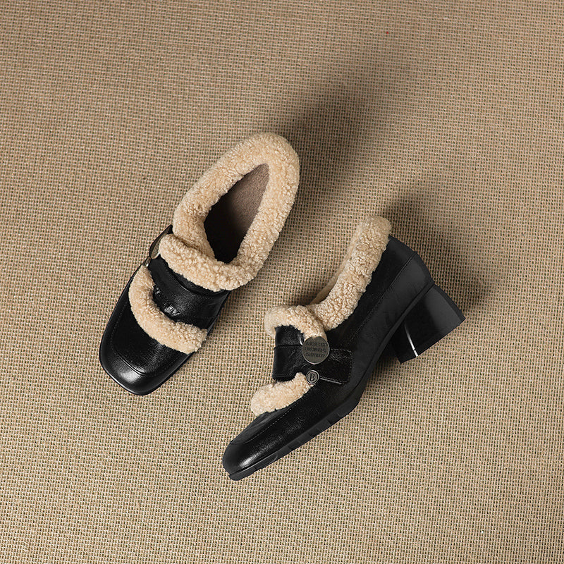 Mules carrées en cuir de mouton shaggy décontractées pour l&