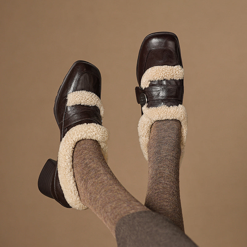 Mules carrées en cuir de mouton shaggy décontractées pour l&