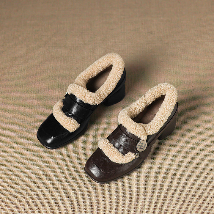 Mules carrées en cuir de mouton shaggy décontractées pour l&