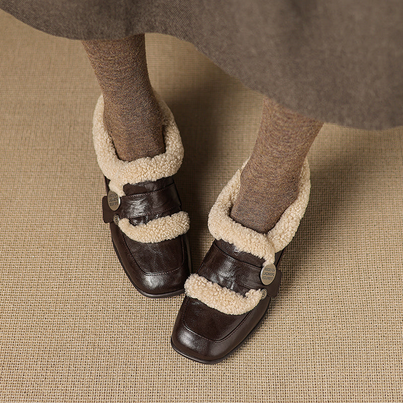 Mules carrées en cuir de mouton shaggy décontractées pour l&