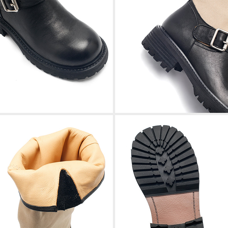 Dwarves Handmade Vintage Two-Tone Knee-High Boots Leather Linen Biker Boots in 2 Colors