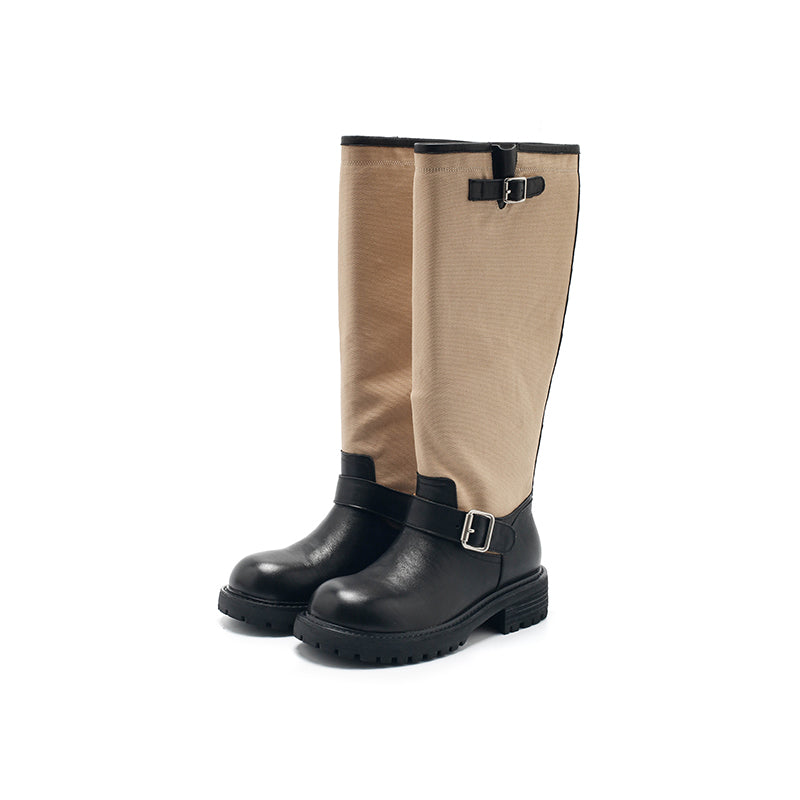 Dwarves Handmade Vintage Two-Tone Knee-High Boots Leather Linen Biker Boots in 2 Colors