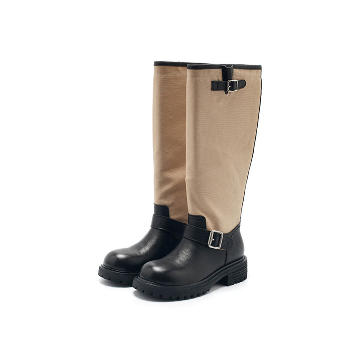 Dwarves Handmade Vintage Two-Tone Knee-High Boots Leather Linen Biker Boots in 2 Colors